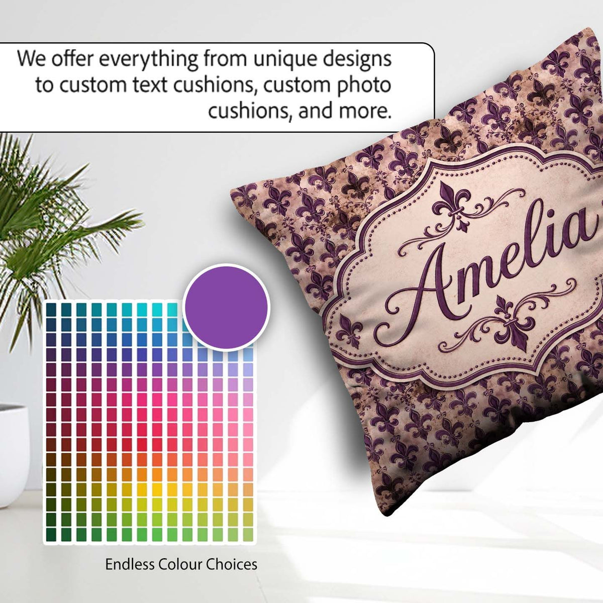 Custom Name Antique Style Fleur de Lis in Deep Purple Distressed Square Filled Cushion Throw Pillow Sofa Bed Home Decor Zip Washable UK Made