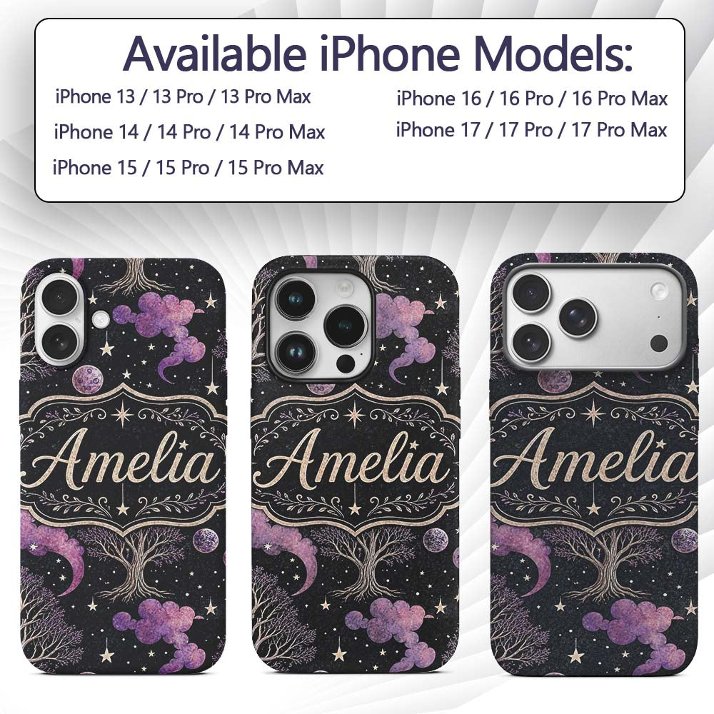 Purple Mystical Trees Moon Stars Night Seamless Custom Name Protective Phone Case Mobile Cover Durable Everyday Smartphone Shock Resistant