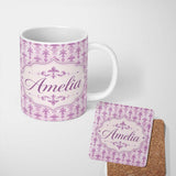 Personalized Custom Name Classic French Fleur de Lis Pattern in Light Lavender on Cream Name 11oz Ceramic Coffee Tea Mug White Large Handle