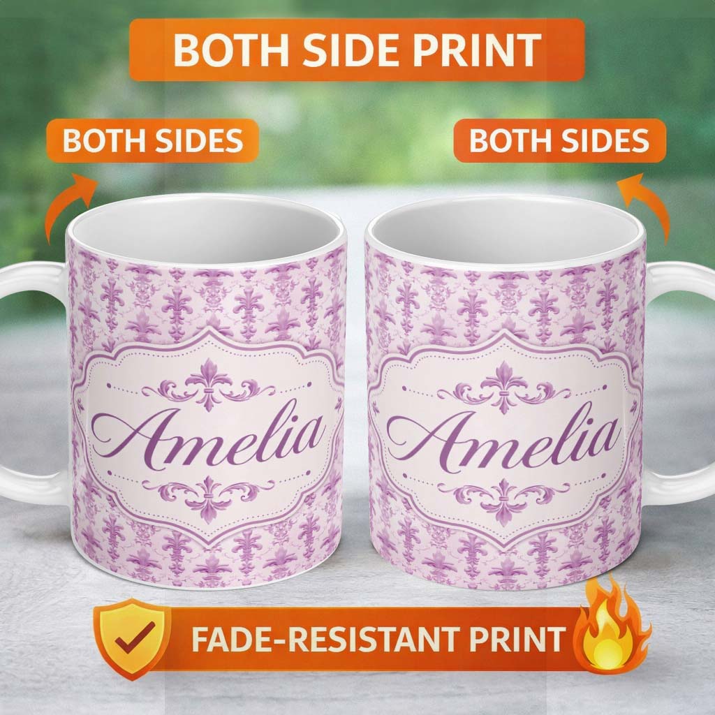 Personalized Custom Name Classic French Fleur de Lis Pattern in Light Lavender on Cream Name 11oz Ceramic Coffee Tea Mug White Large Handle