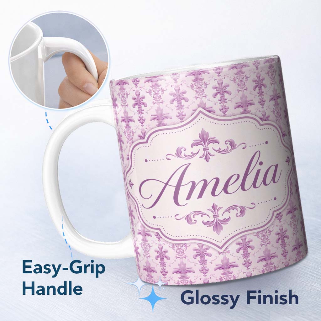 Personalized Custom Name Classic French Fleur de Lis Pattern in Light Lavender on Cream Name 11oz Ceramic Coffee Tea Mug White Large Handle