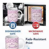 Personalized Custom Name Classic French Fleur de Lis Pattern in Light Lavender on Cream Name 11oz Ceramic Coffee Tea Mug White Large Handle