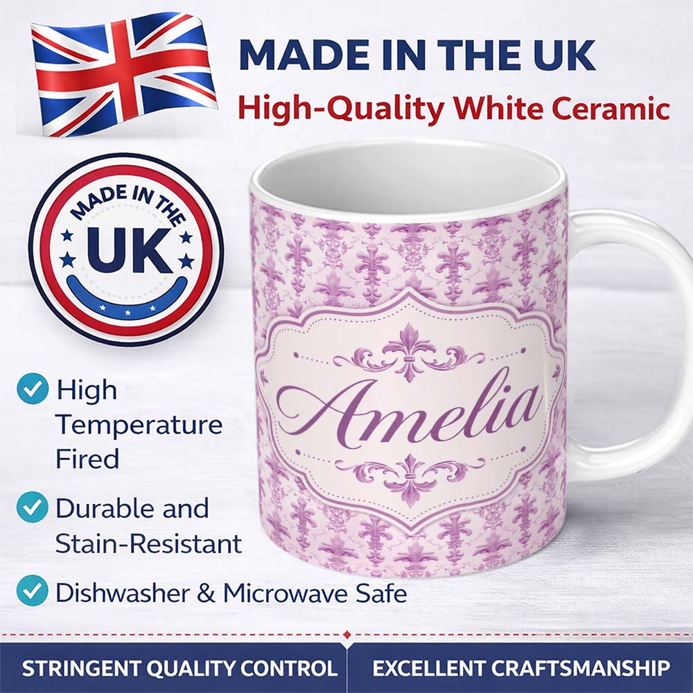 Personalized Custom Name Classic French Fleur de Lis Pattern in Light Lavender on Cream Name 11oz Ceramic Coffee Tea Mug White Large Handle