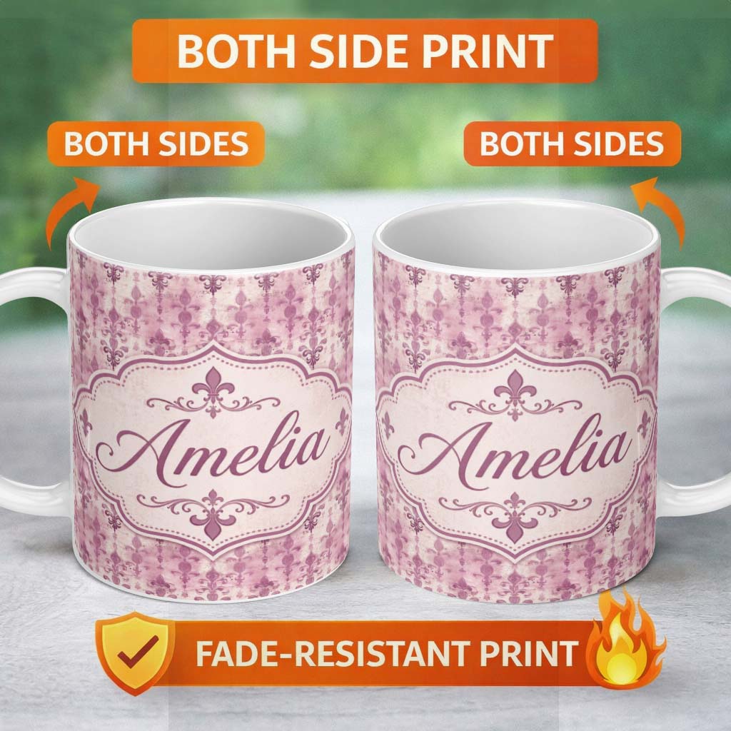 Personalized Custom Name Vintage Washed Pink Fleur de Lis Pattern with Soft Grunge Texture 11oz Ceramic Coffee Tea Mug White Large Handle