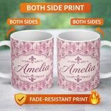 Personalized Custom Name Vintage Washed Pink Fleur de Lis Pattern with Soft Grunge Texture 11oz Ceramic Coffee Tea Mug White Large Handle