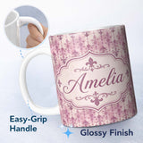 Personalized Custom Name Vintage Washed Pink Fleur de Lis Pattern with Soft Grunge Texture 11oz Ceramic Coffee Tea Mug White Large Handle