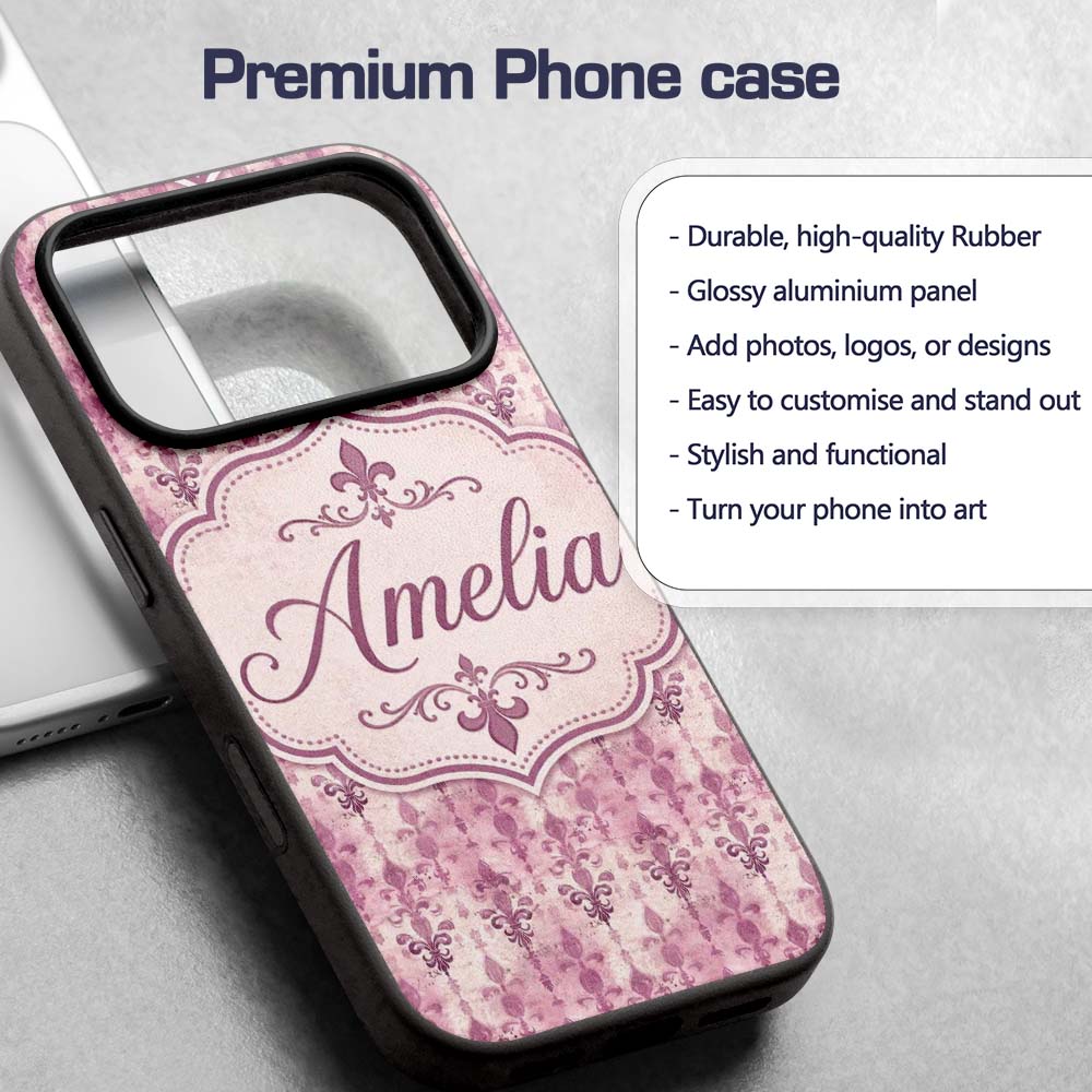 Vintage Washed Pink Fleur de Lis Pattern with Custom Name Protective Phone Case Mobile Cover Durable Everyday Smartphone Shock Resistant