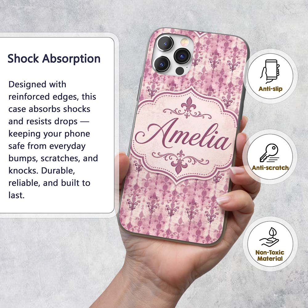 Vintage Washed Pink Fleur de Lis Pattern with Custom Name Protective Phone Case Mobile Cover Durable Everyday Smartphone Shock Resistant