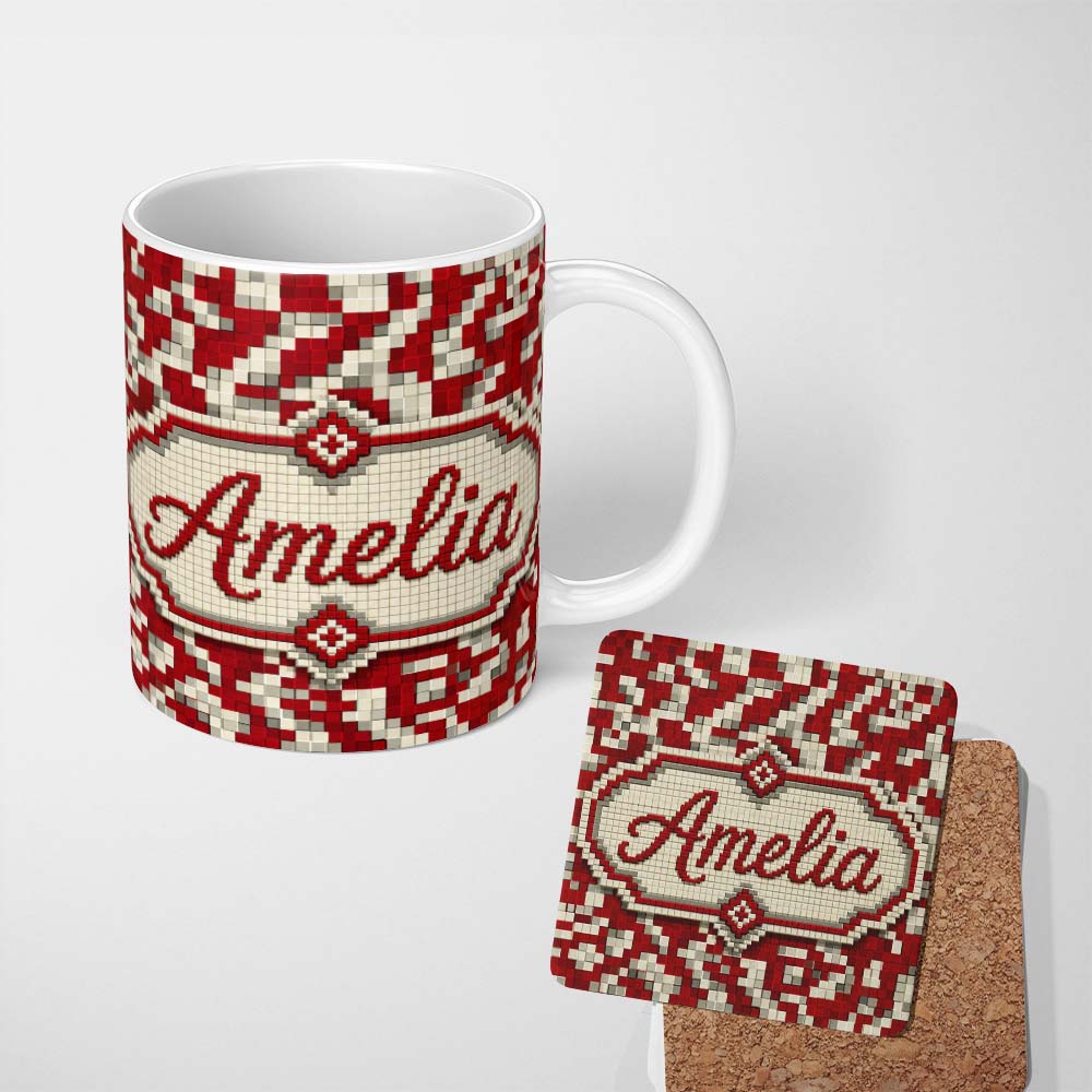 Personalized Custom Name Red White Pixel Geometric Abstract Seamless Pattern Cute Unique Gift 11oz Ceramic Coffee Tea Mug White Large Handle