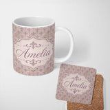Personalized Custom Name Vintage Purple Fleur De Lis Damask Pattern Soft Distressed Texture 11oz Ceramic Coffee Tea Mug White Large Handle