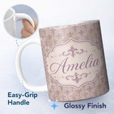 Personalized Custom Name Vintage Purple Fleur De Lis Damask Pattern Soft Distressed Texture 11oz Ceramic Coffee Tea Mug White Large Handle