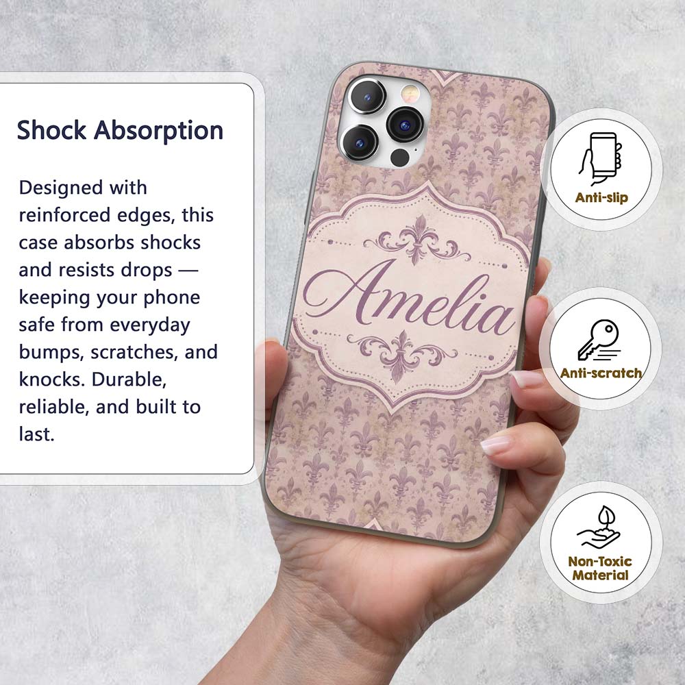 Vintage Purple Fleur De Lis Damask Pattern Soft Custom Name Protective Phone Case Mobile Cover Durable Everyday Smartphone Shock Resistant