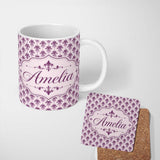 Personalized Custom Name Elegant Plum Floral Damask Repeat Pattern Light Background Seamless 11oz Ceramic Coffee Tea Mug White Large Handle