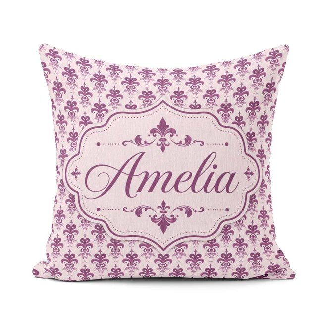 Custom Name Elegant Plum Floral Damask Repeat Pattern Background Square Filled Cushion Throw Pillow Sofa Bed Home Decor Zip Washable UK Made