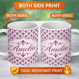 Personalized Custom Name Elegant Plum Floral Damask Repeat Pattern Light Background Seamless 11oz Ceramic Coffee Tea Mug White Large Handle