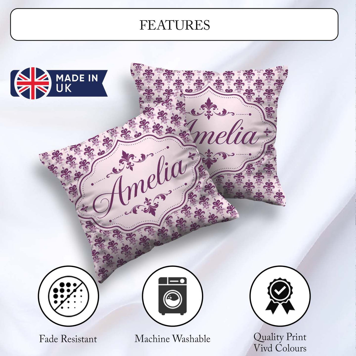 Custom Name Elegant Plum Floral Damask Repeat Pattern Background Square Filled Cushion Throw Pillow Sofa Bed Home Decor Zip Washable UK Made