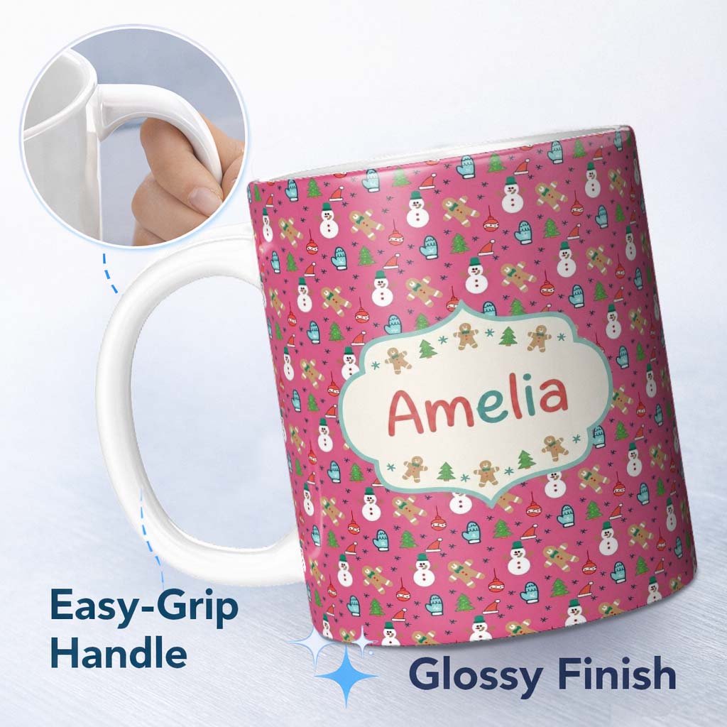 Personalized Custom Name Cute Snowman Gingerbread Mittens Christmas Seamless Pattern Lovely 11oz Ceramic Coffee Tea Mug White Large Handle