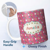 Personalized Custom Name Cute Snowman Gingerbread Mittens Christmas Seamless Pattern Lovely 11oz Ceramic Coffee Tea Mug White Large Handle