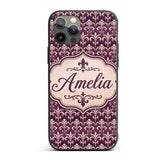 Luxury Deep Purple Ornate Fleur De Lis Baroque Custom Name Protective Phone Case Mobile Cover Durable Everyday Smartphone Shock Resistant
