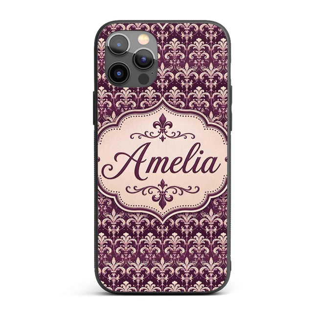Luxury Deep Purple Ornate Fleur De Lis Baroque Custom Name Protective Phone Case Mobile Cover Durable Everyday Smartphone Shock Resistant