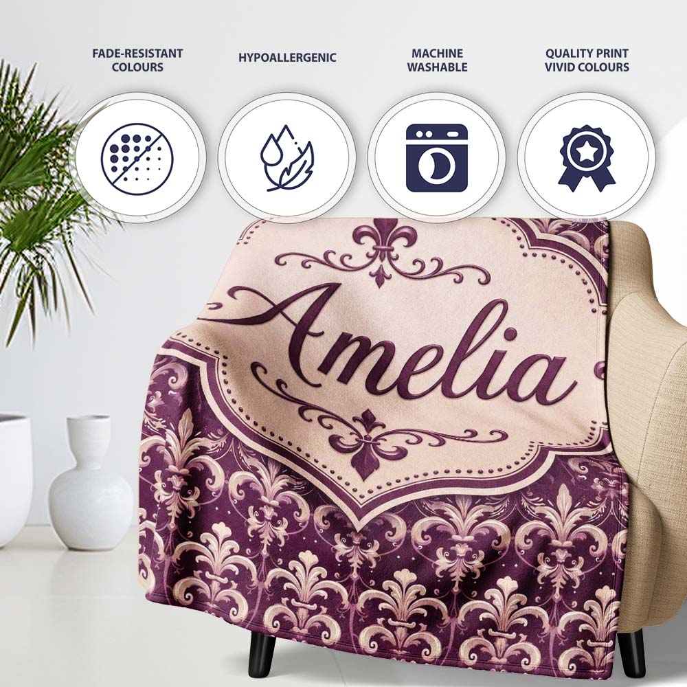 Luxury Deep Purple Ornate Fleur De Lis Baroque Pattern Seamless  Personalised Custom Name Super Soft Fleece Blanket Bed Sofa Throw