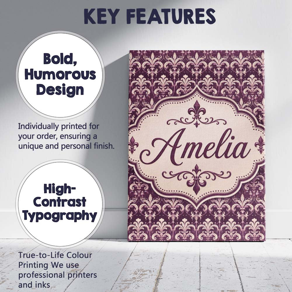 Personalised Name Luxury Deep Purple Ornate Custom  Bespoke Interior Contemporary Canvas Wall Art Print Decor Picture Ready to Hang