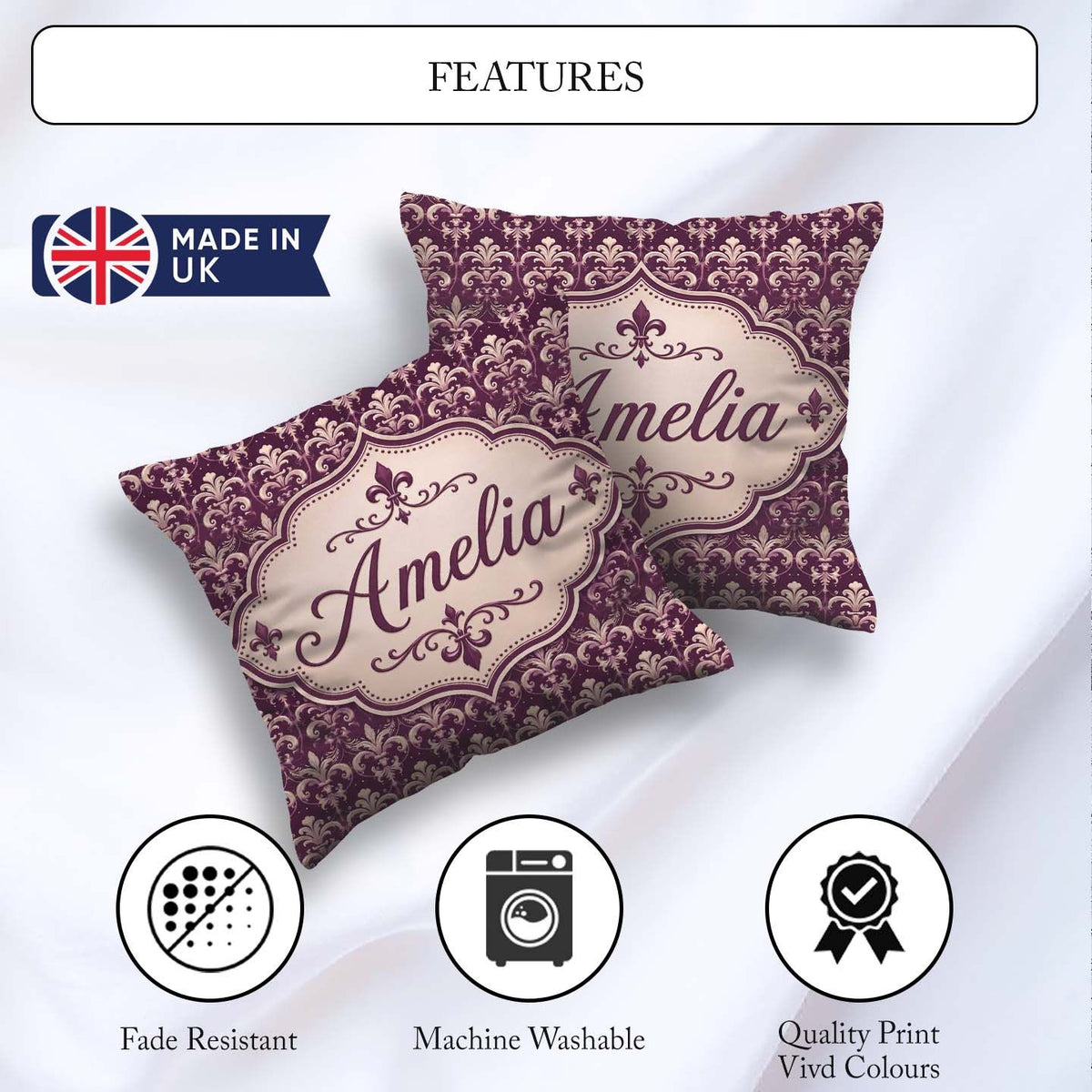 Custom Name Luxury Deep Purple Ornate Fleur Lis Baroque Seamless Square Filled Cushion Throw Pillow Sofa Bed Home Decor Zip Washable UK Made