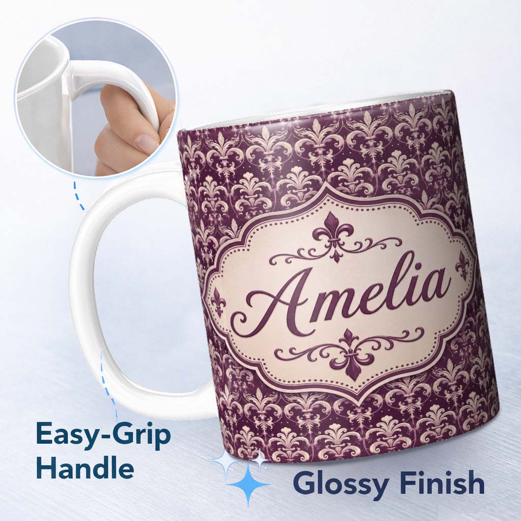 Personalized Custom Name Luxury Deep Purple Ornate Fleur De Lis Baroque Pattern Seamless 11oz Ceramic Coffee Tea Mug White Large Handle
