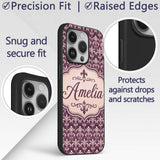 Luxury Deep Purple Ornate Fleur De Lis Baroque Custom Name Protective Phone Case Mobile Cover Durable Everyday Smartphone Shock Resistant