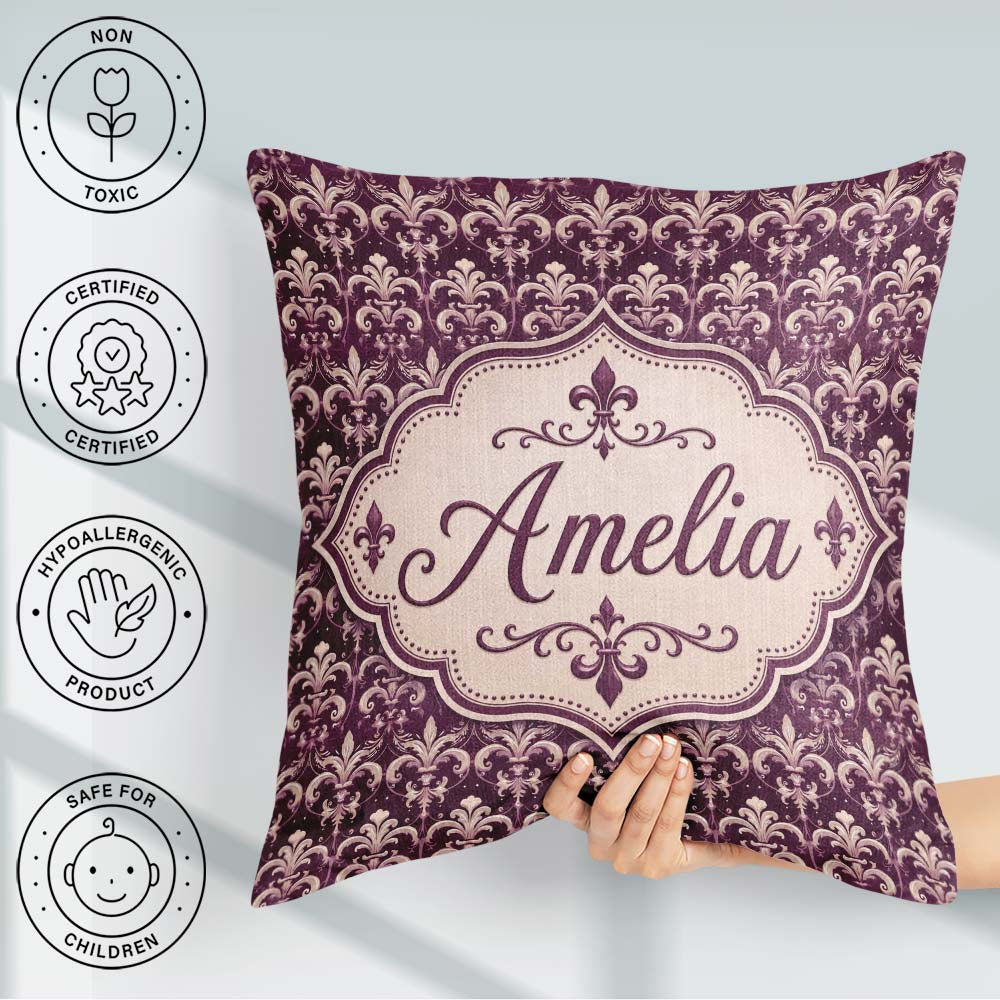 Custom Name Luxury Deep Purple Ornate Fleur Lis Baroque Seamless Square Filled Cushion Throw Pillow Sofa Bed Home Decor Zip Washable UK Made