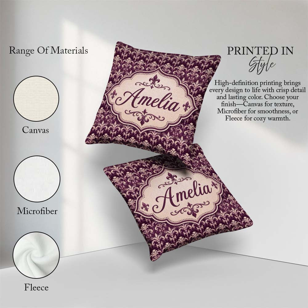 Custom Name Luxury Deep Purple Ornate Fleur Lis Baroque Seamless Square Filled Cushion Throw Pillow Sofa Bed Home Decor Zip Washable UK Made