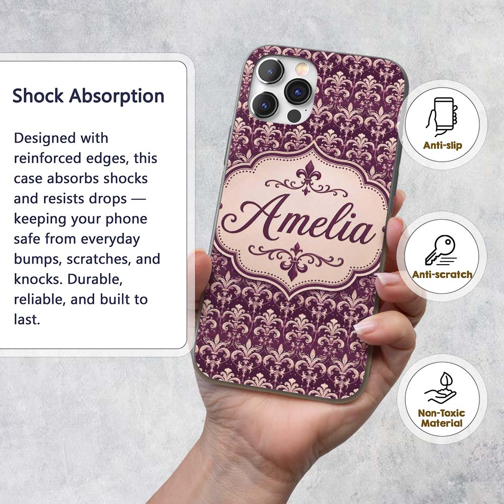 Luxury Deep Purple Ornate Fleur De Lis Baroque Custom Name Protective Phone Case Mobile Cover Durable Everyday Smartphone Shock Resistant