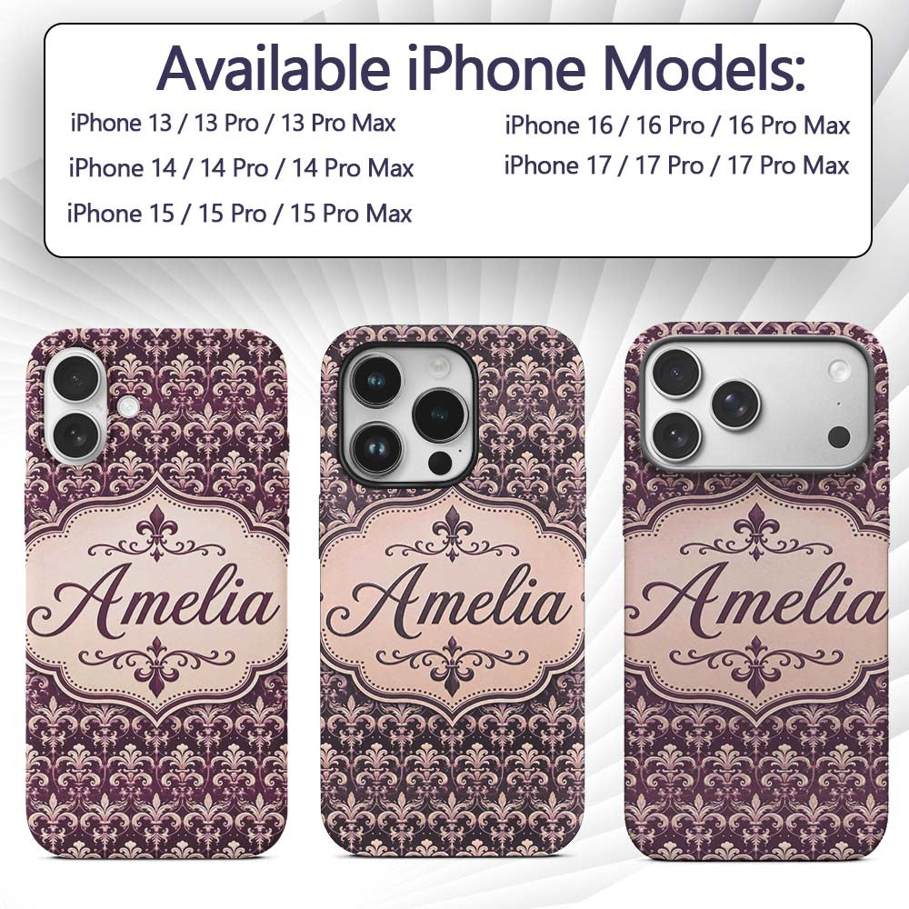 Luxury Deep Purple Ornate Fleur De Lis Baroque Custom Name Protective Phone Case Mobile Cover Durable Everyday Smartphone Shock Resistant