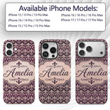 Luxury Deep Purple Ornate Fleur De Lis Baroque Custom Name Protective Phone Case Mobile Cover Durable Everyday Smartphone Shock Resistant