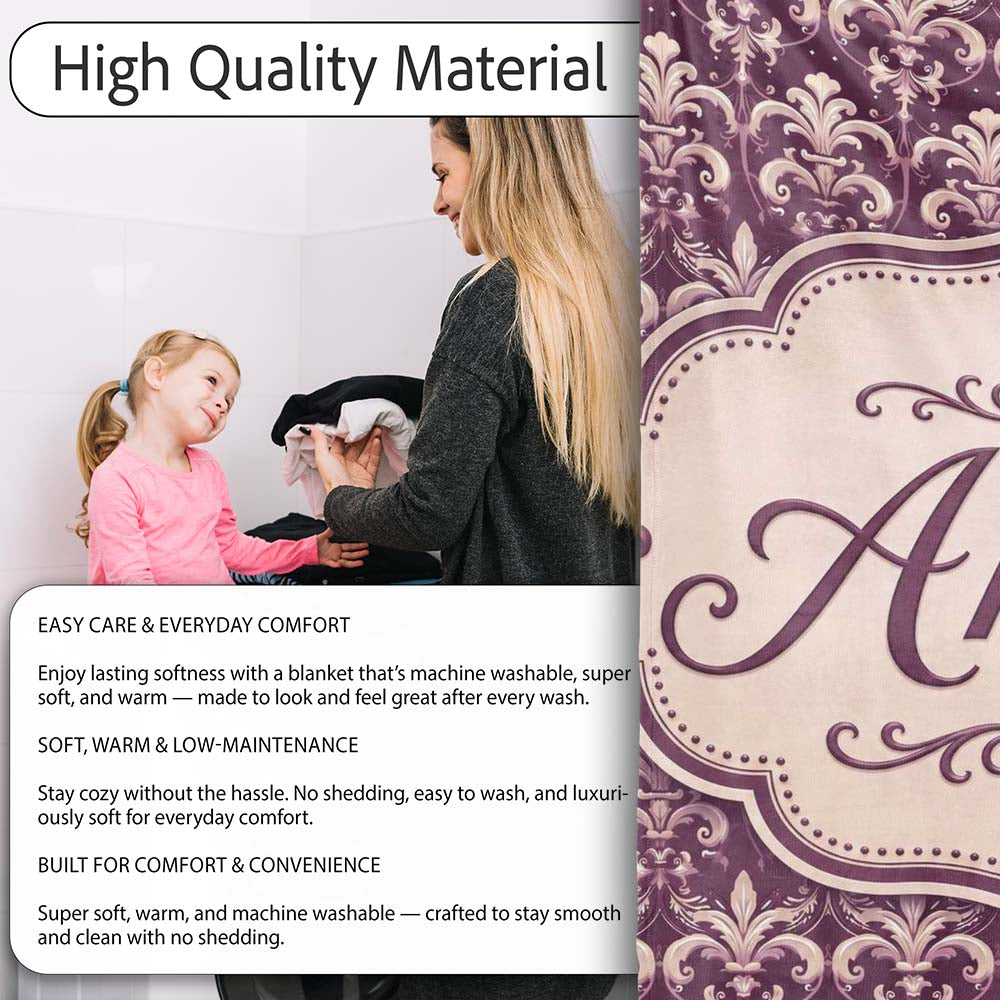 Luxury Deep Purple Ornate Fleur De Lis Baroque Pattern Seamless  Personalised Custom Name Super Soft Fleece Blanket Bed Sofa Throw