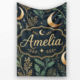 Golden Moon Stars Night Sky Botanical Garden Seamless Pattern Lovely  Personalised Custom Name Super Soft Fleece Blanket Bed Sofa Throw