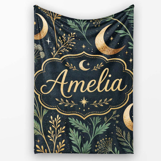 Golden Moon Stars Night Sky Botanical Garden Seamless Pattern Lovely  Personalised Custom Name Super Soft Fleece Blanket Bed Sofa Throw