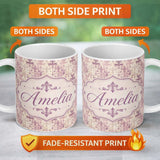 Personalized Custom Name Shabby Chic Purple Damask Fleur De Lis Pattern Distressed Vintage 11oz Ceramic Coffee Tea Mug White Large Handle