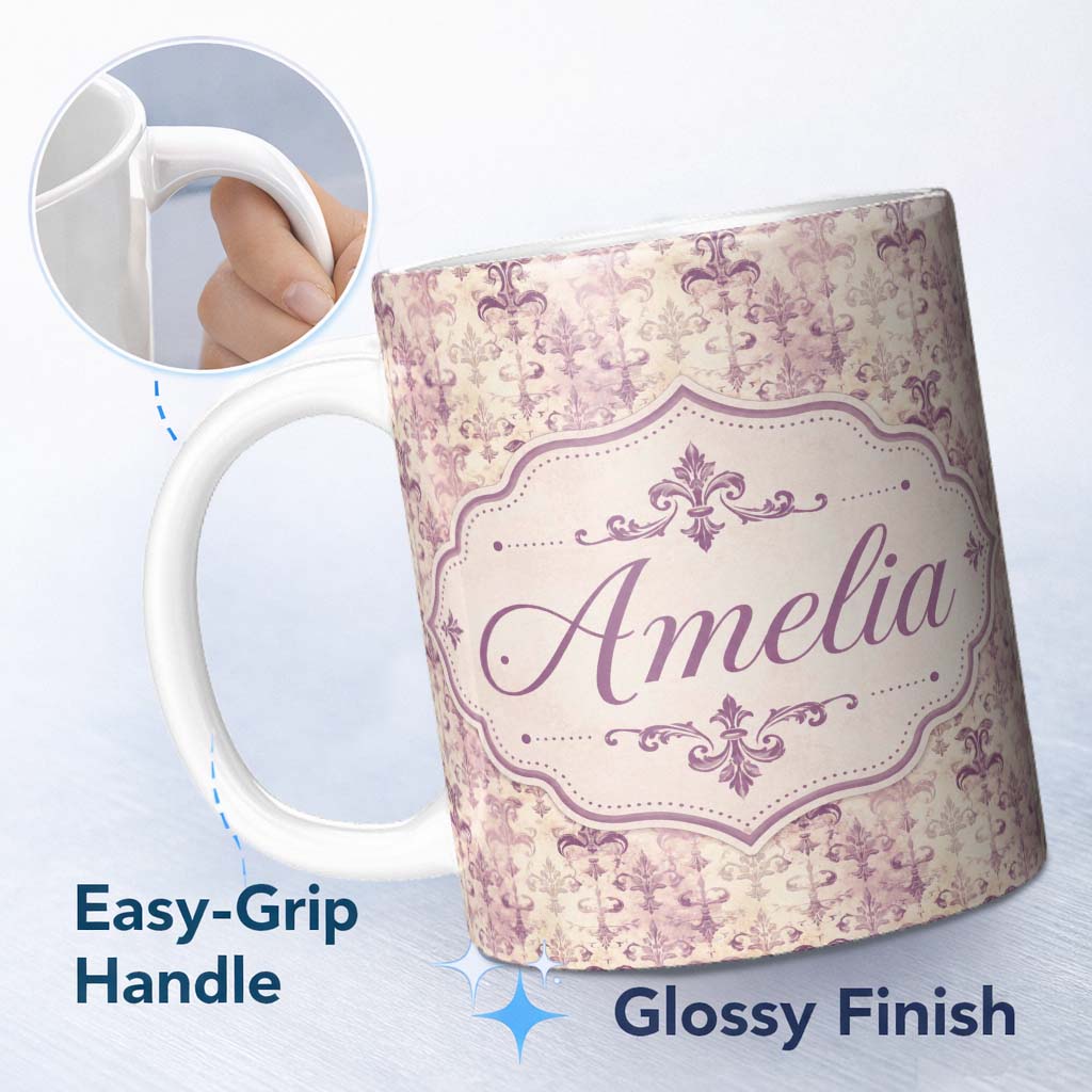 Personalized Custom Name Shabby Chic Purple Damask Fleur De Lis Pattern Distressed Vintage 11oz Ceramic Coffee Tea Mug White Large Handle