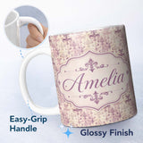 Personalized Custom Name Shabby Chic Purple Damask Fleur De Lis Pattern Distressed Vintage 11oz Ceramic Coffee Tea Mug White Large Handle