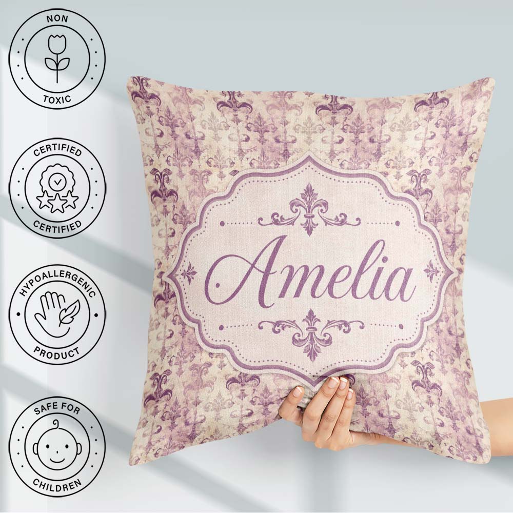 Custom Name Shabby Purple Damask Fleur De Lis Pattern Distressed Square Filled Cushion Throw Pillow Sofa Bed Home Decor Zip Washable UK Made