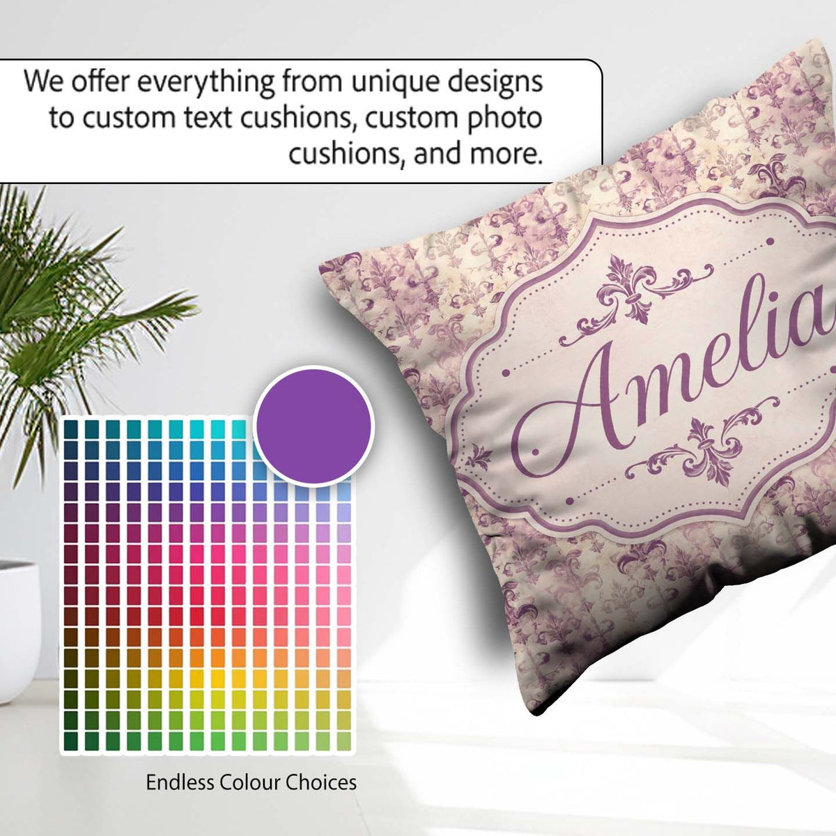 Custom Name Shabby Purple Damask Fleur De Lis Pattern Distressed Square Filled Cushion Throw Pillow Sofa Bed Home Decor Zip Washable UK Made