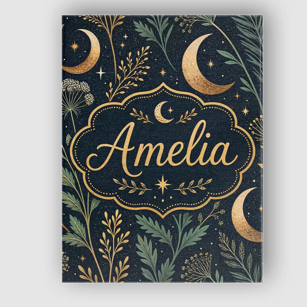 Personalised Name Golden Moon Stars Night Sky Botanical Garden Custom Modern Room Accent Canvas Wall Art Print Decor Picture Ready to Hang