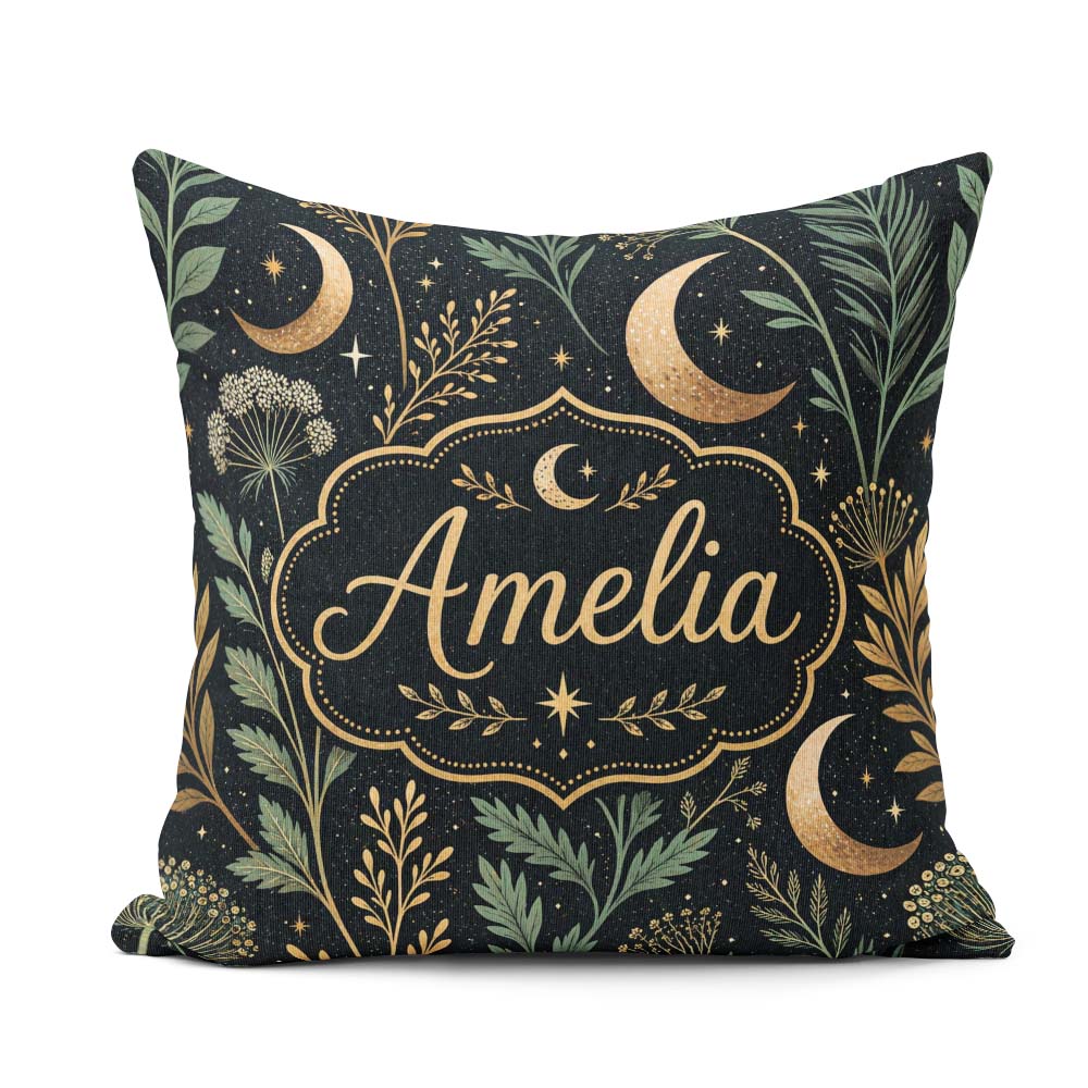 Custom Name Golden Moon Stars Night Sky Botanical Garden Pattern Square Filled Cushion Throw Pillow Sofa Bed Home Decor Zip Washable UK Made