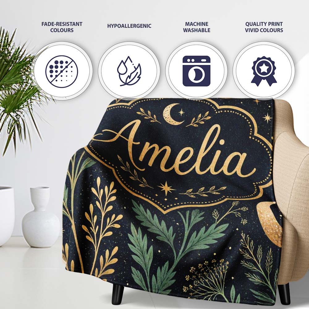 Golden Moon Stars Night Sky Botanical Garden Seamless Pattern Lovely  Personalised Custom Name Super Soft Fleece Blanket Bed Sofa Throw