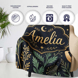 Golden Moon Stars Night Sky Botanical Garden Seamless Pattern Lovely  Personalised Custom Name Super Soft Fleece Blanket Bed Sofa Throw