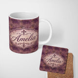 Personalized Custom Name Dark Grunge Purple Fleur De Lis Vintage Texture Seamless Pattern 11oz Ceramic Coffee Tea Mug White Large Handle