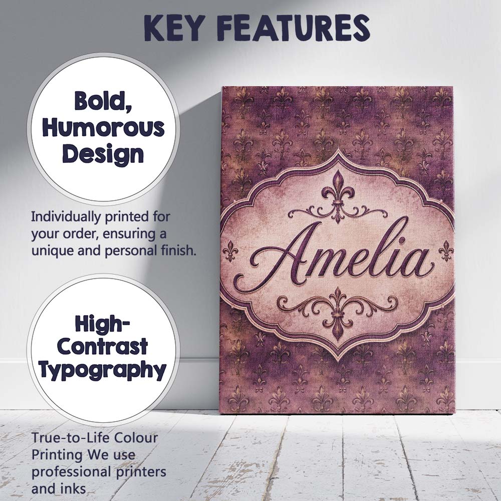 Personalised Name Dark Grunge Purple Fleur Custom  Unique Gift Idea Elegant Feature Canvas Wall Art Print Decor Picture Ready to Hang
