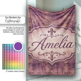 Dark Grunge Purple Fleur De Lis Vintage Texture Seamless Pattern  Personalised Custom Name Super Soft Fleece Blanket Bed Sofa Throw