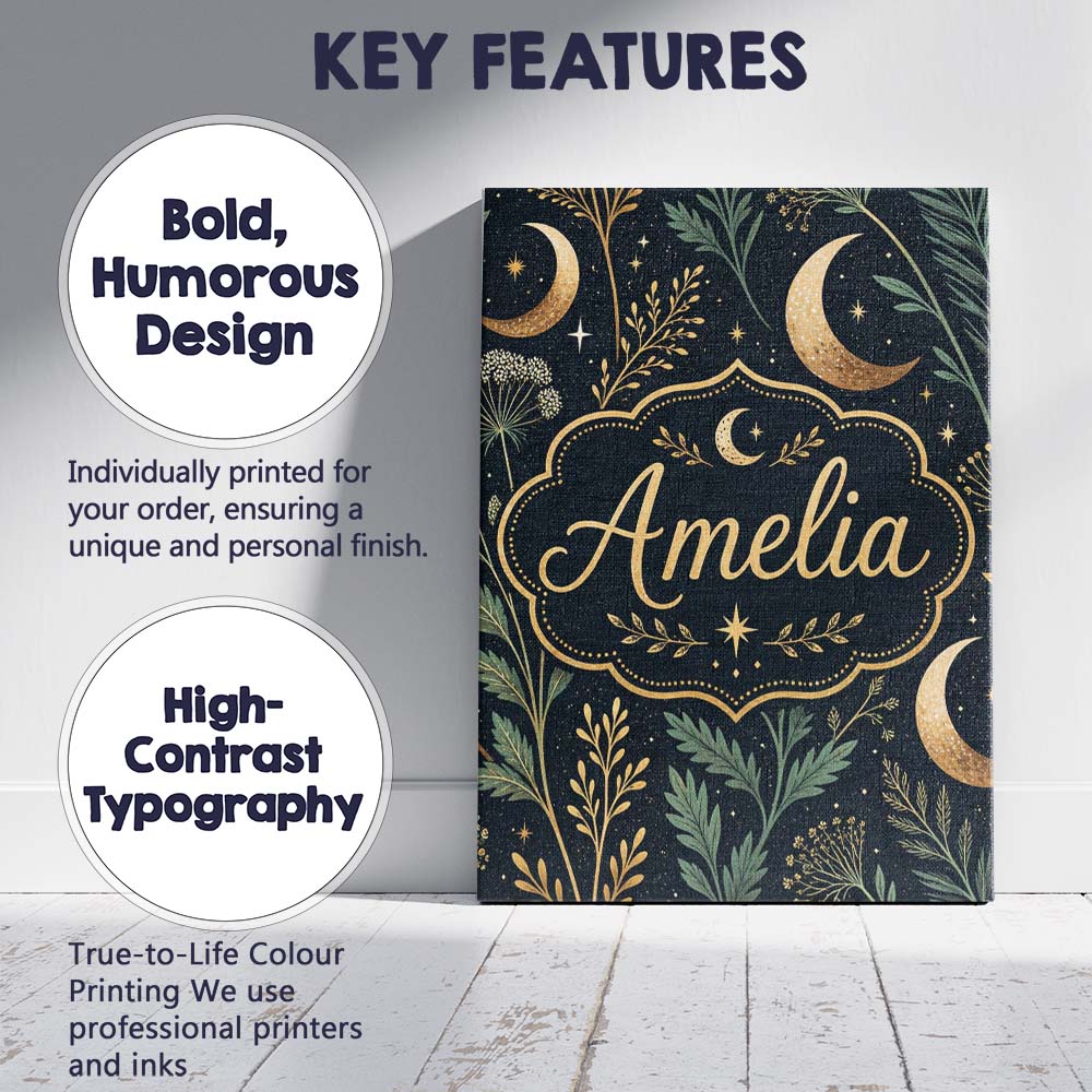 Personalised Name Golden Moon Stars Night Sky Botanical Garden Custom Modern Room Accent Canvas Wall Art Print Decor Picture Ready to Hang